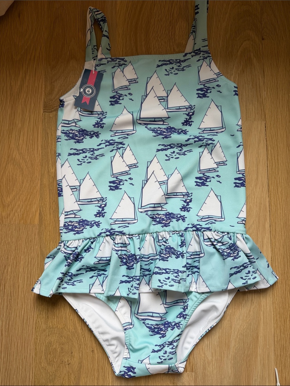 NEW Nantucket Kids Girls' Light Blue Sailboat One-Piece Swimsuit  Ruffle size 7